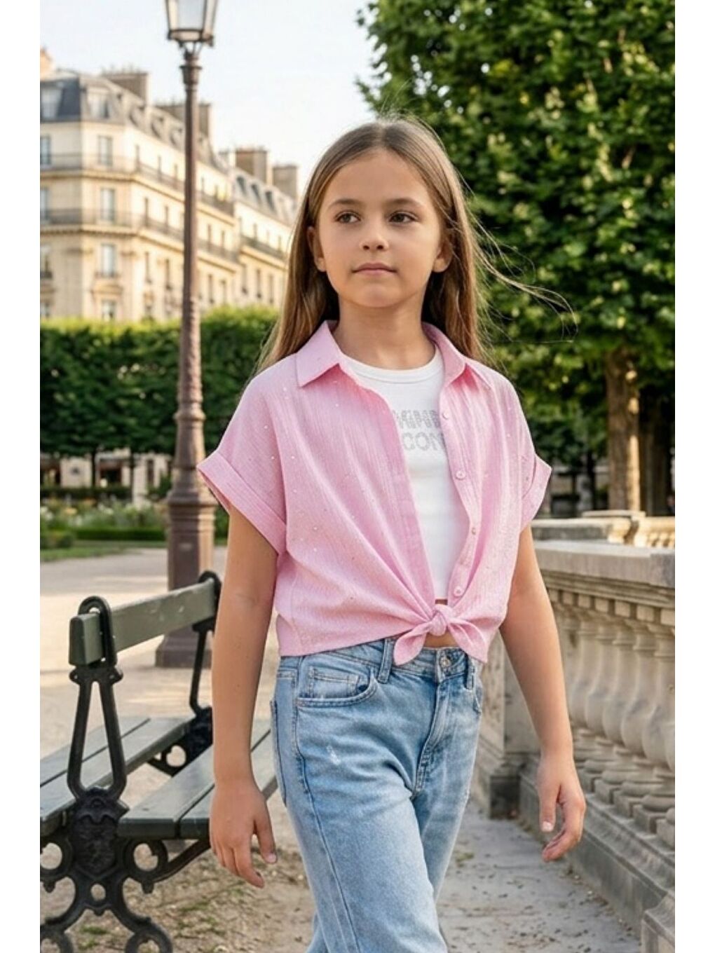 Pembe Kız Çocuk Crop Taşlı Gömlek Body İkili Takım-2