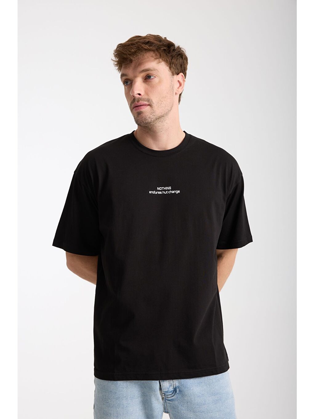 Erkek Siyah Nothing Nakış Yazılı Oversize Bisiklet Yaka Tişört-1