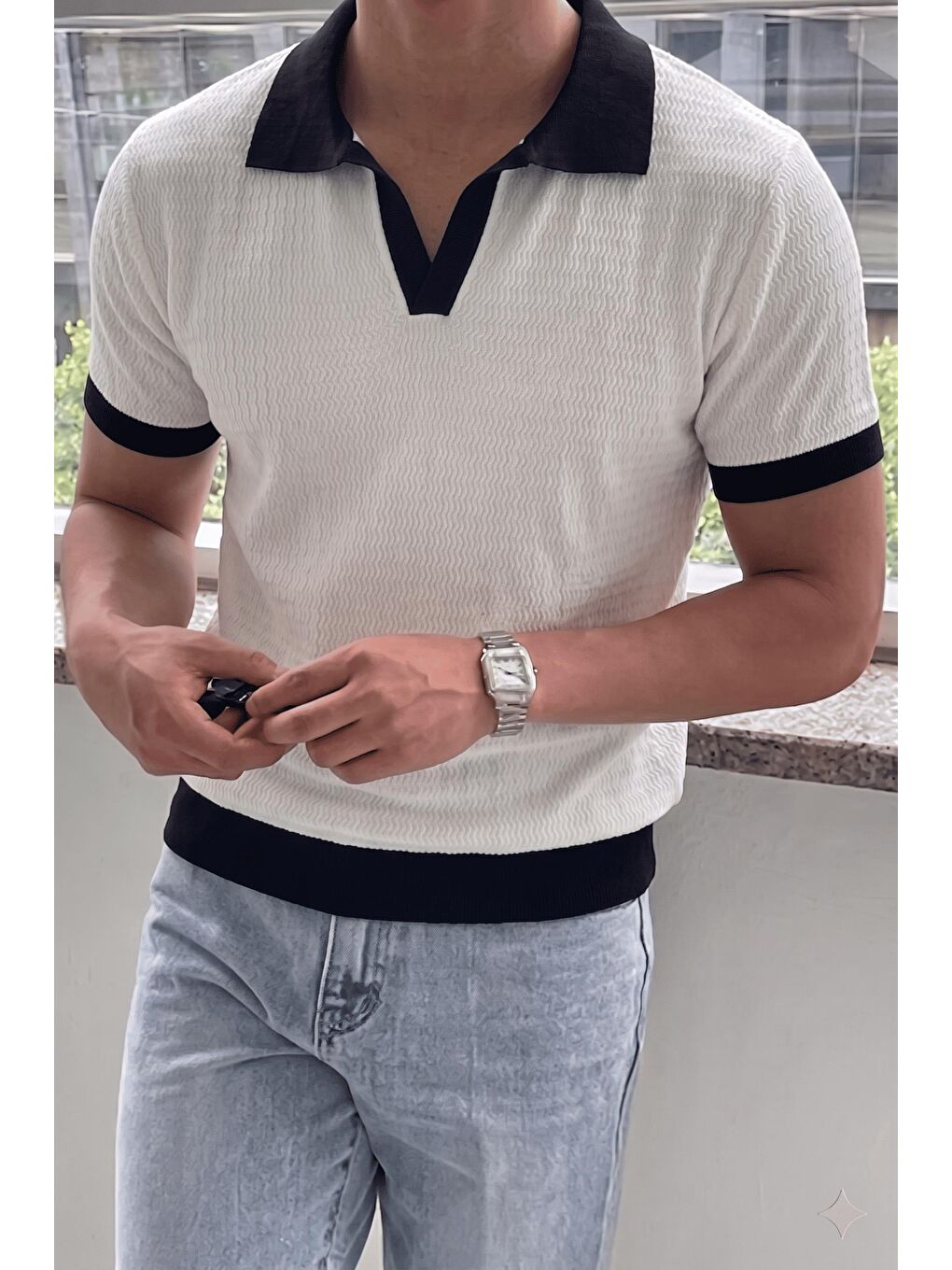 Beyaz Cube Erkek Slim Fit Jakarlı Polo Yaka Triko Tişört - Kontrast Şeritli Örme Buklet