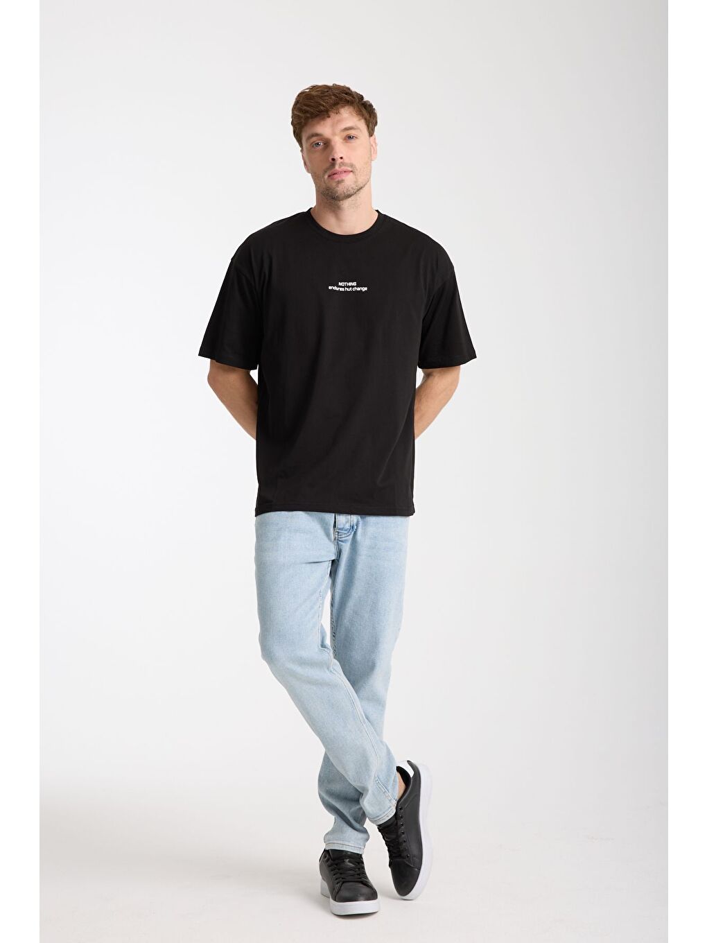 Erkek Siyah Nothing Nakış Yazılı Oversize Bisiklet Yaka Tişört-2