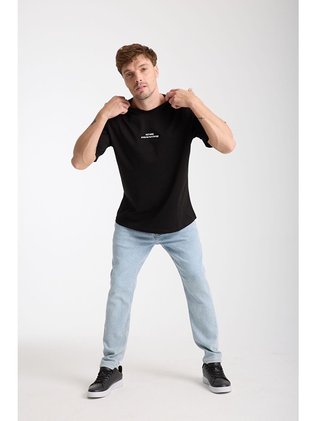 Erkek Siyah Nothing Nakış Yazılı Oversize Bisiklet Yaka Tişört-3