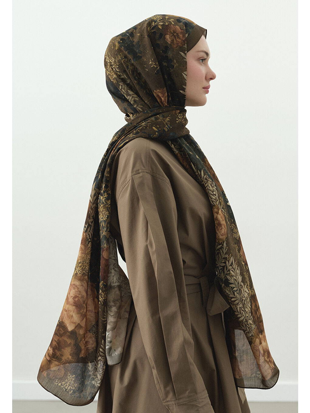 Haki SOFT HIBISCUS DESENLİ PAMUK VİSKON ŞAL HAKİ-2