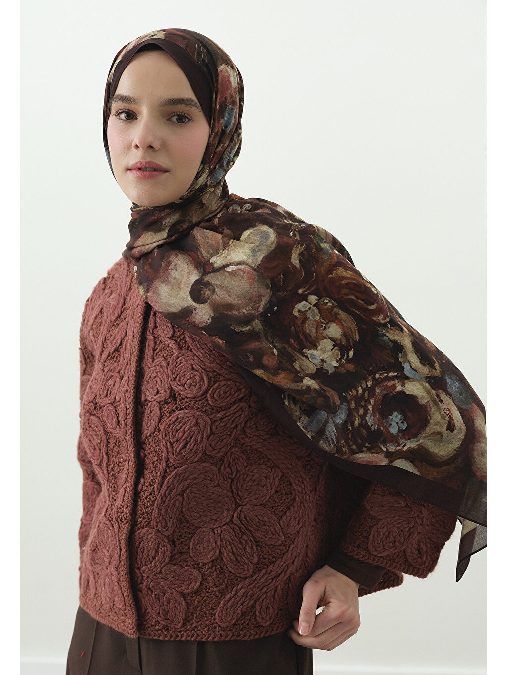 Bordo SWEET VANILLA DESENLİ PAMUK VİSKON ŞAL KOYU BORDO-1