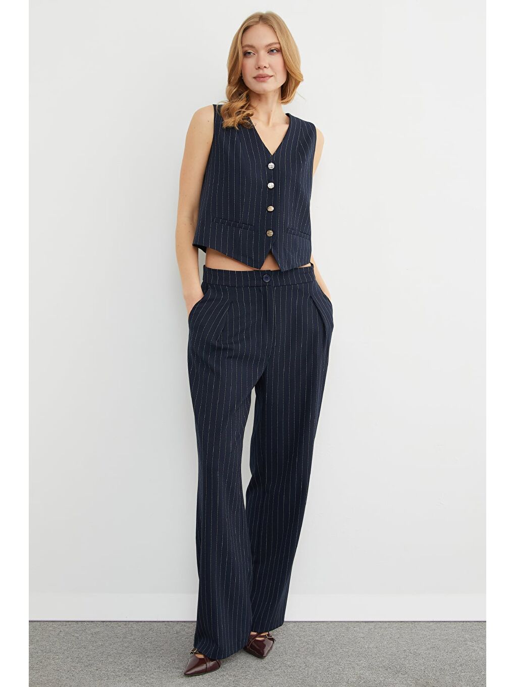 Lacivert Yüksek Bel Çizgili Palazzo Pantolon-1