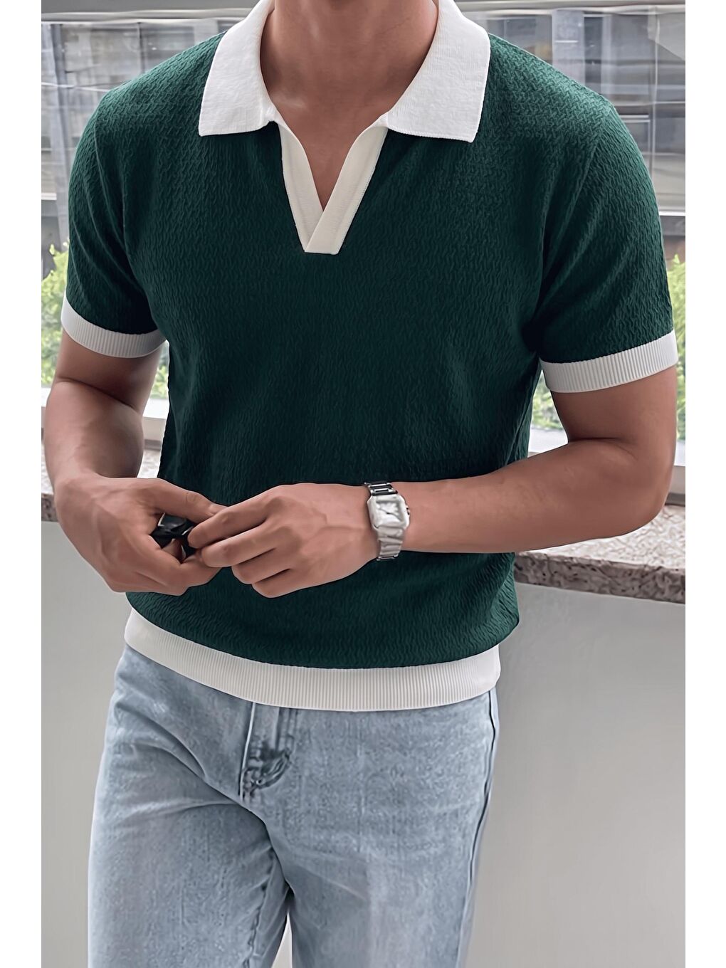 Yeşil Cube Erkek Slim Fit Jakarlı Polo Yaka Triko Tişört - Kontrast Şeritli Örme Buklet-1