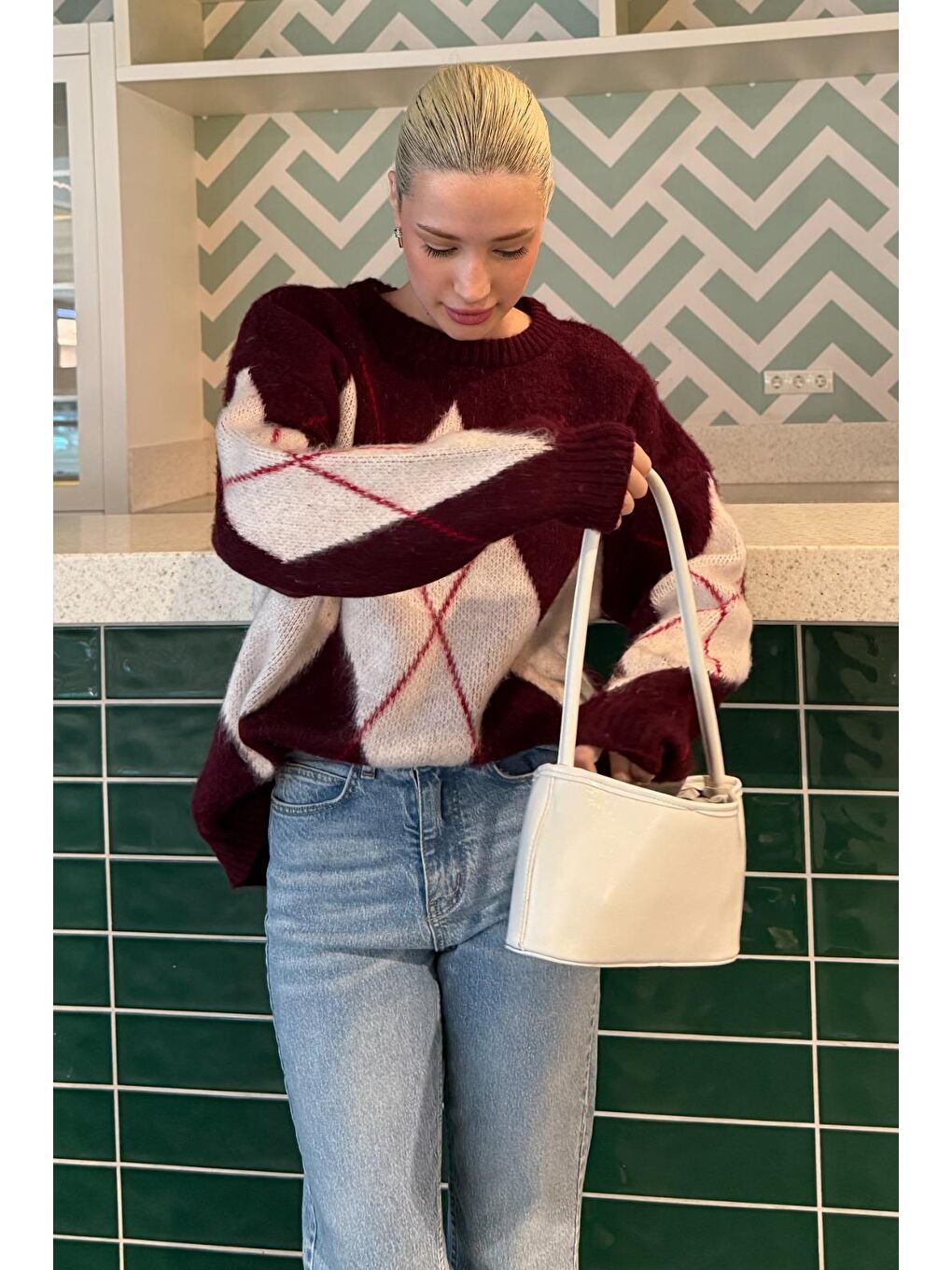 Bordo Bisiklet Yaka Baklava Desen Kadın Kazak Mg2471-4