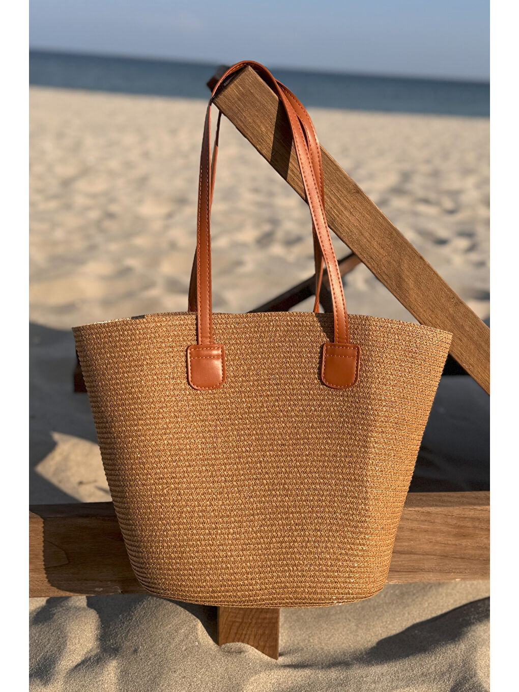 Kahverengi Hasır Çanta Plaj Çantası 025 Camel