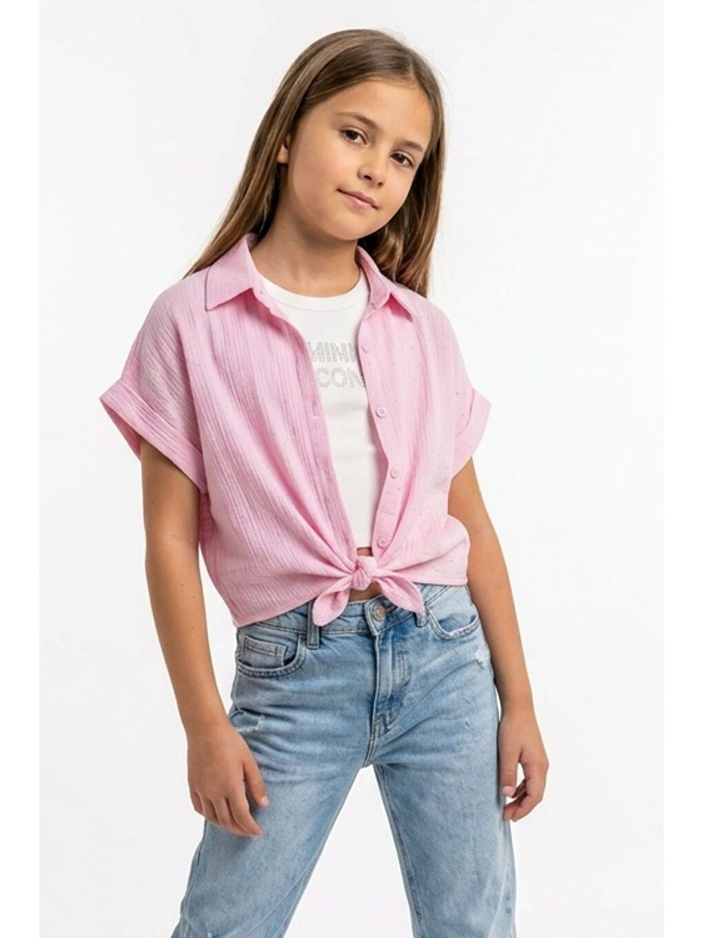 Pembe Kız Çocuk Crop Taşlı Gömlek Body İkili Takım-3