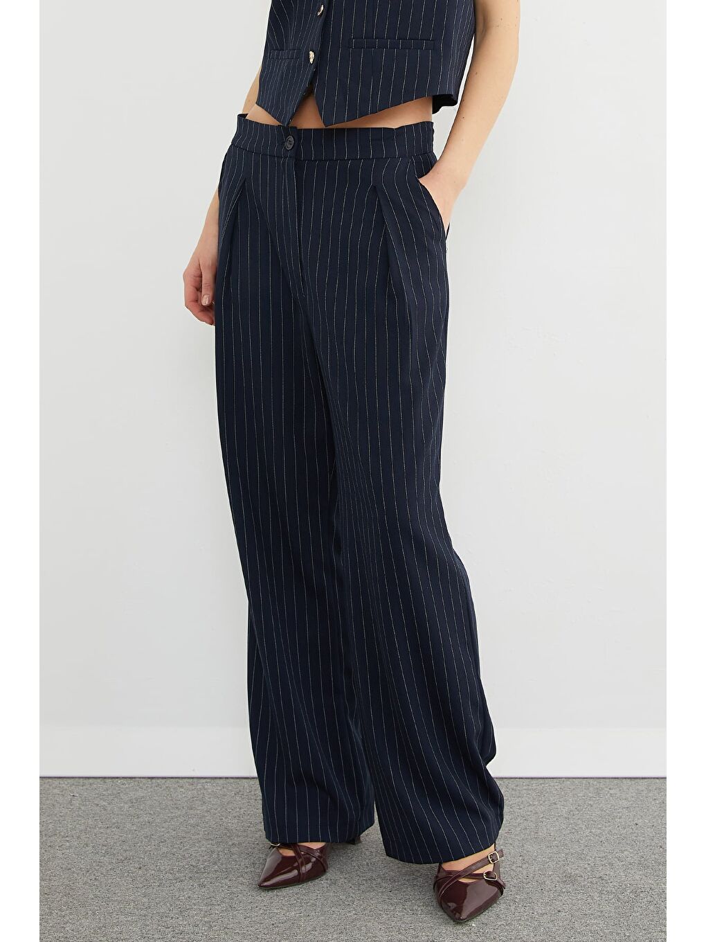 Lacivert Yüksek Bel Çizgili Palazzo Pantolon-2