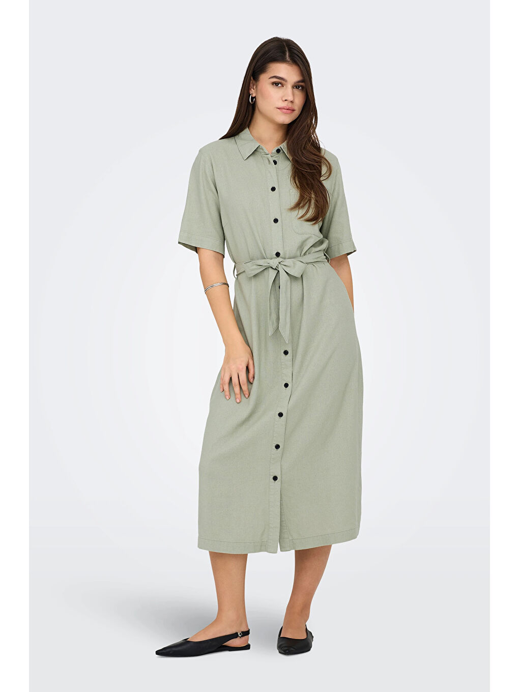 Yeşil Onlcaro Keten Karışımlı Regular Fit Düğmeli Kemerli Midi Kadın Elbise 15338884-2