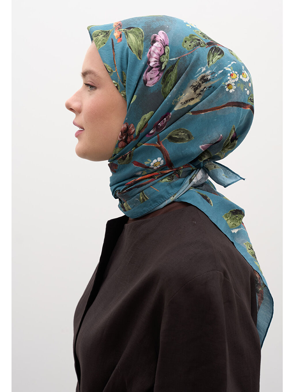 Flower Rain Desen Pamuklu Viskon Eşarp Mavi-2