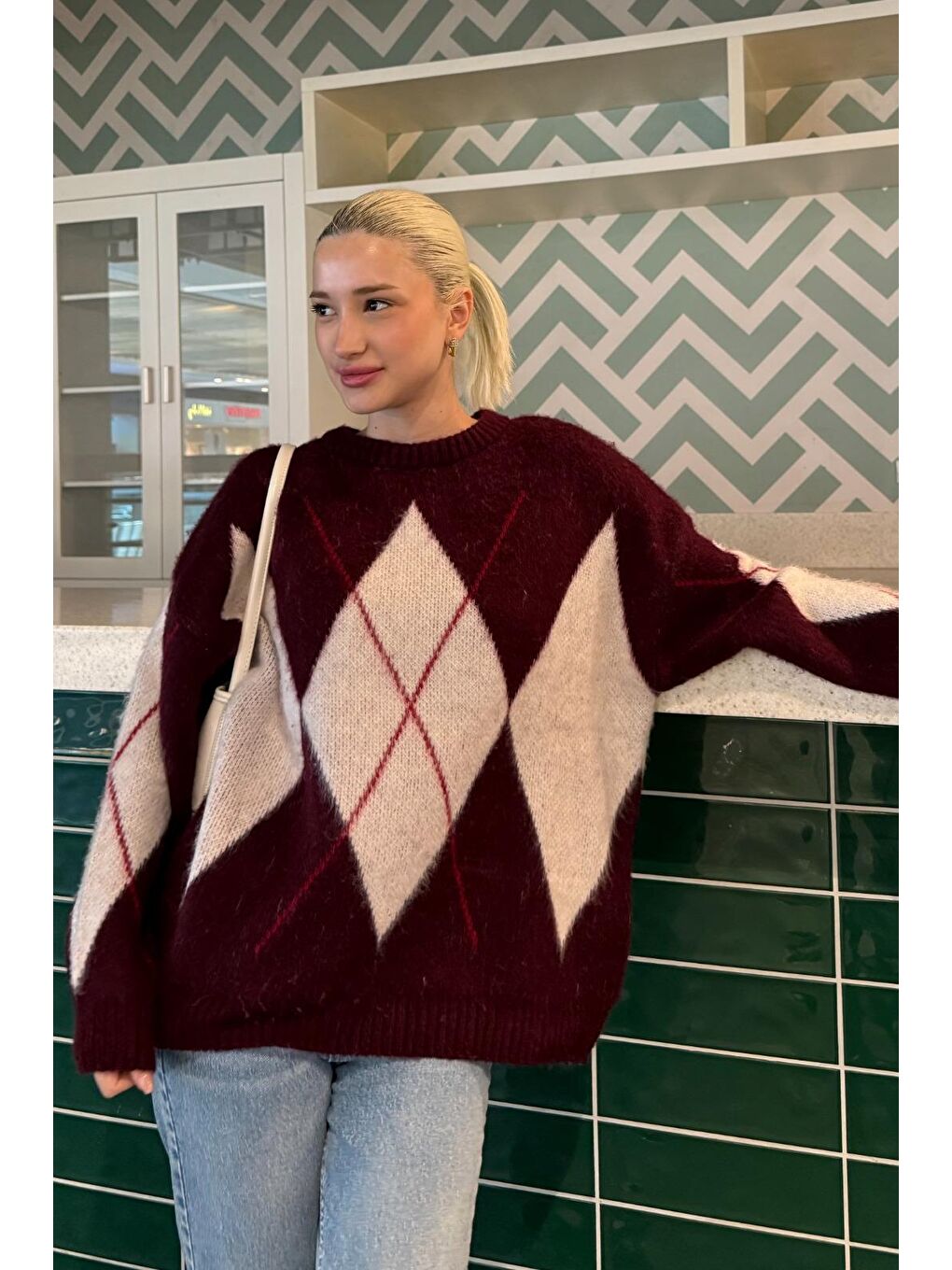 Bordo Bisiklet Yaka Baklava Desen Kadın Kazak Mg2471-5