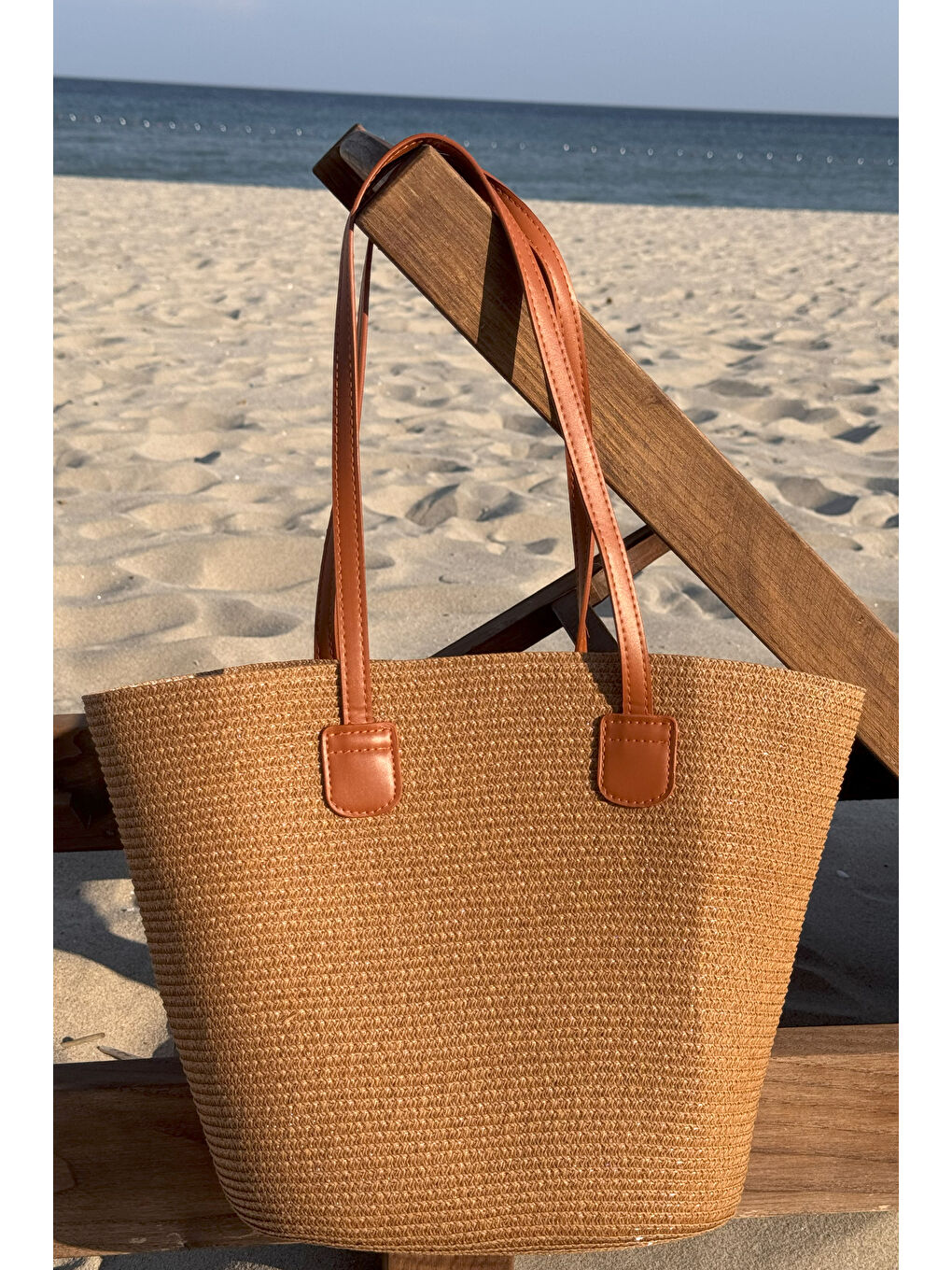 Kahverengi Hasır Çanta Plaj Çantası 025 Camel-1