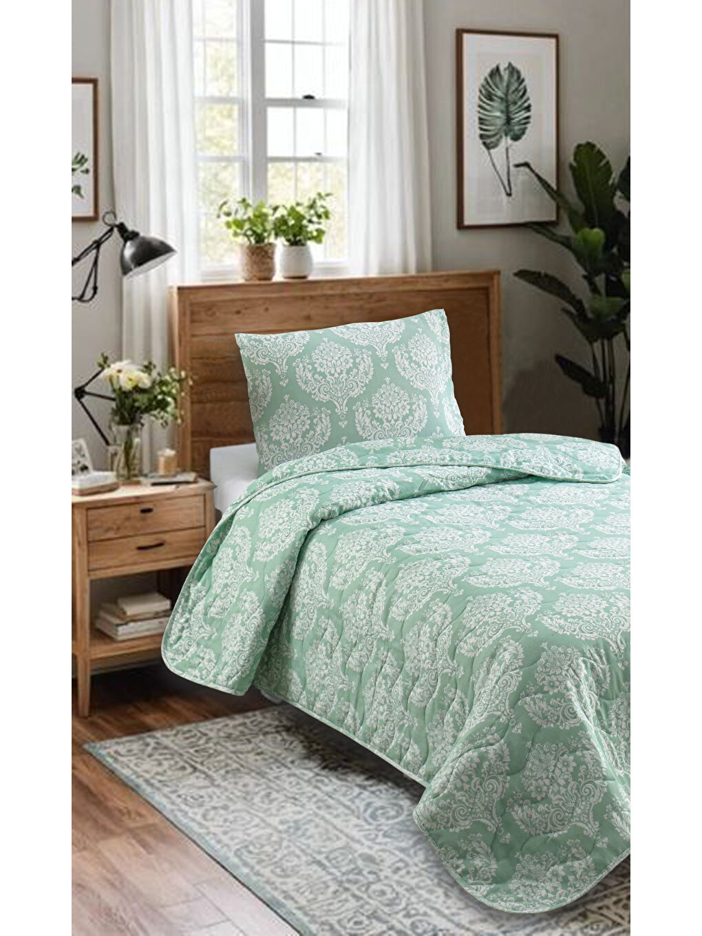 Kapitone Yatak Örtüsü Seti Tek Kişilik Post SuYeşili