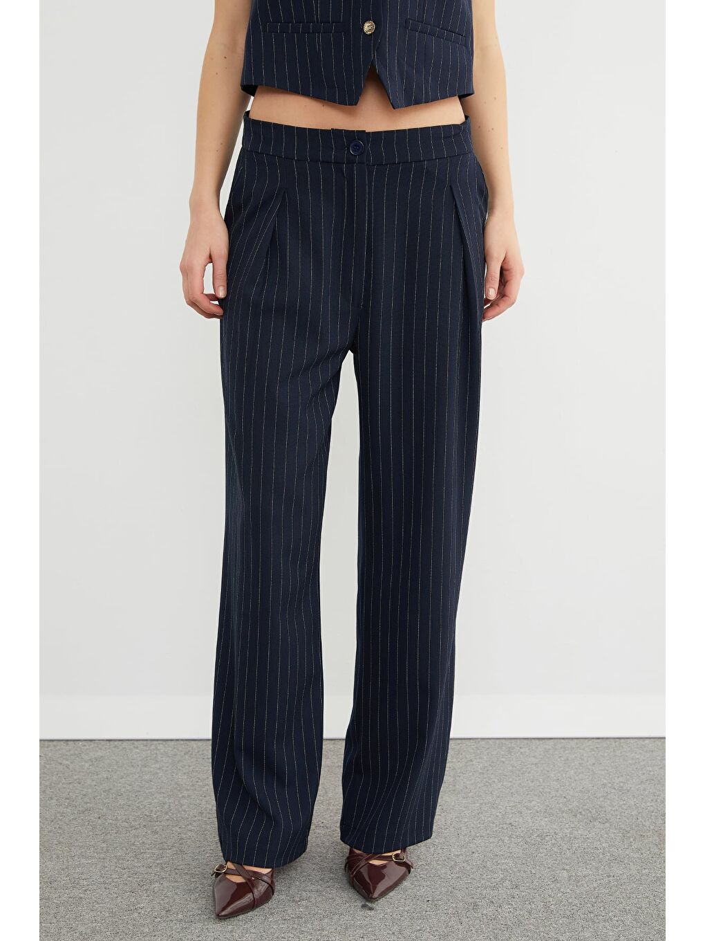 Lacivert Yüksek Bel Çizgili Palazzo Pantolon-3