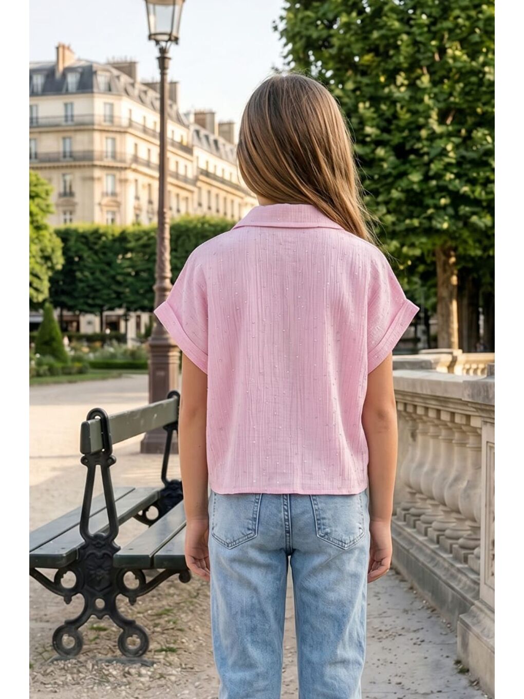 Pembe Kız Çocuk Crop Taşlı Gömlek Body İkili Takım-4