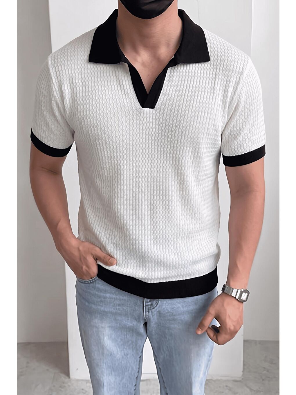 Beyaz Cube Erkek Slim Fit Jakarlı Polo Yaka Triko Tişört - Kontrast Şeritli Örme Buklet-1
