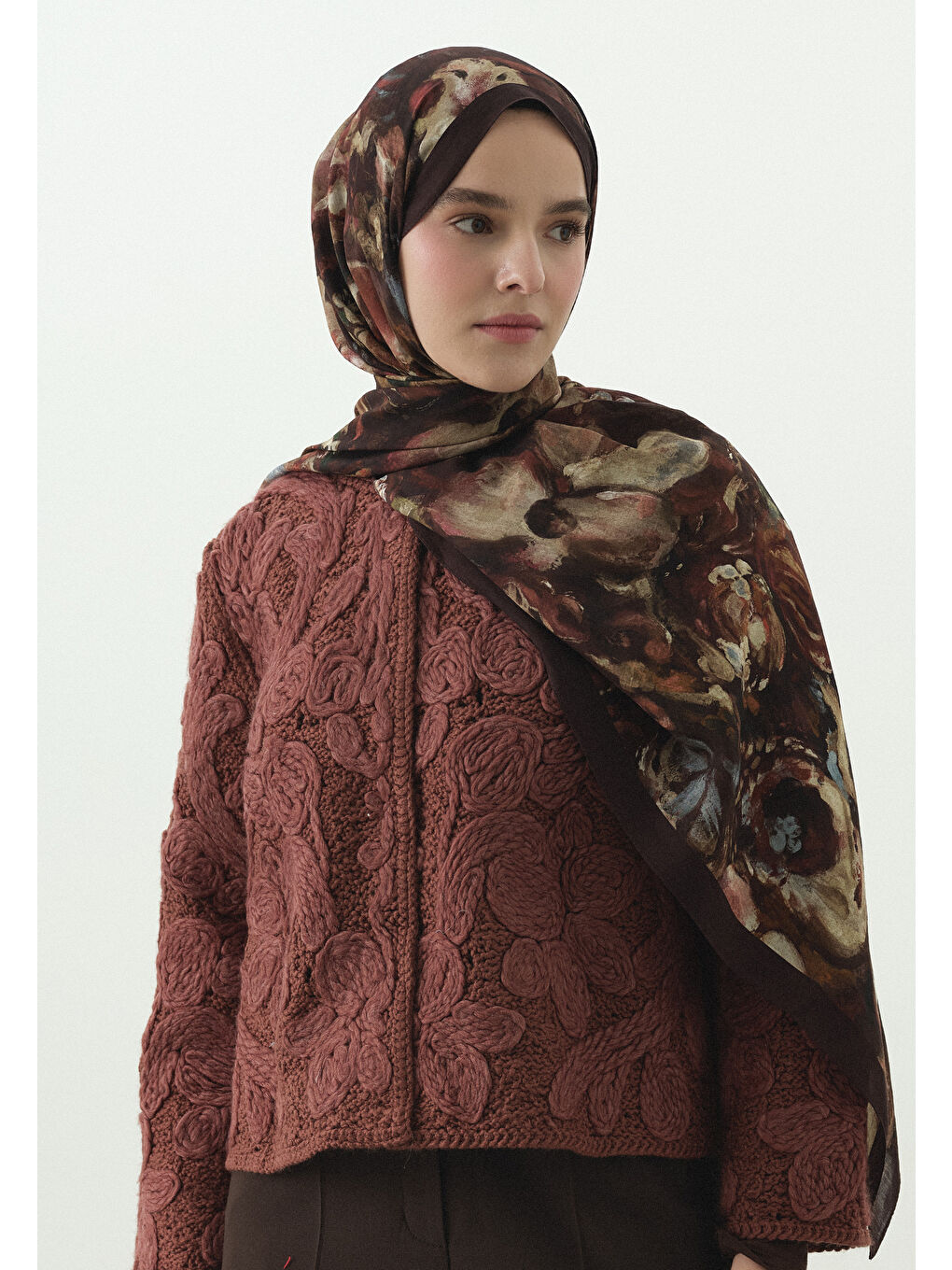 Bordo SWEET VANILLA DESENLİ PAMUK VİSKON ŞAL KOYU BORDO-3