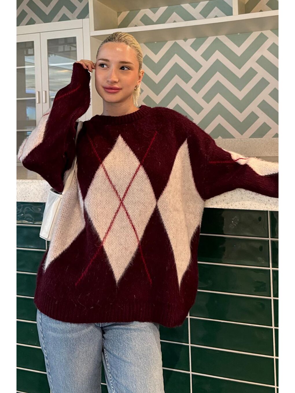 Bordo Bisiklet Yaka Baklava Desen Kadın Kazak Mg2471-6