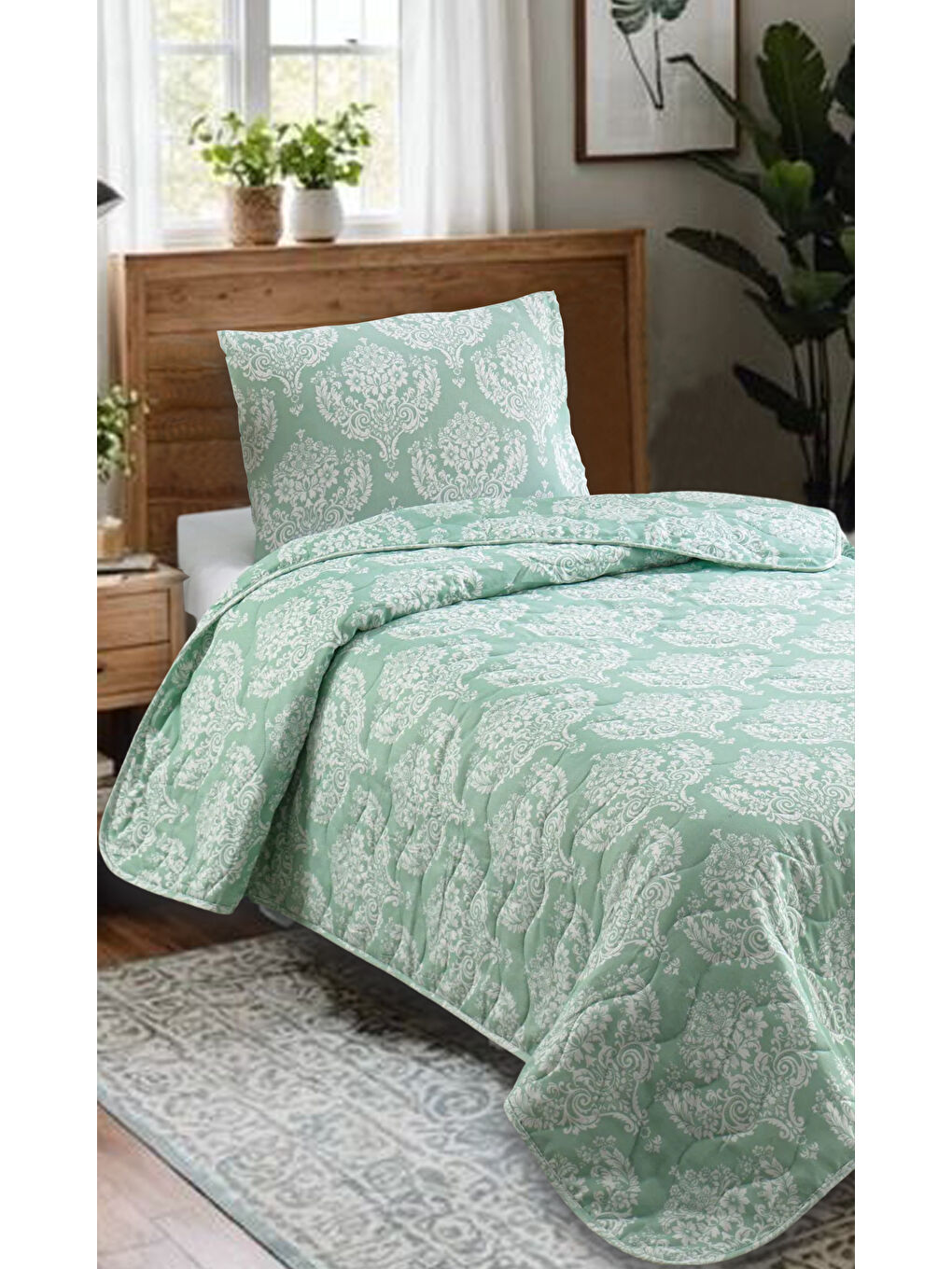 Kapitone Yatak Örtüsü Seti Tek Kişilik Post SuYeşili-2