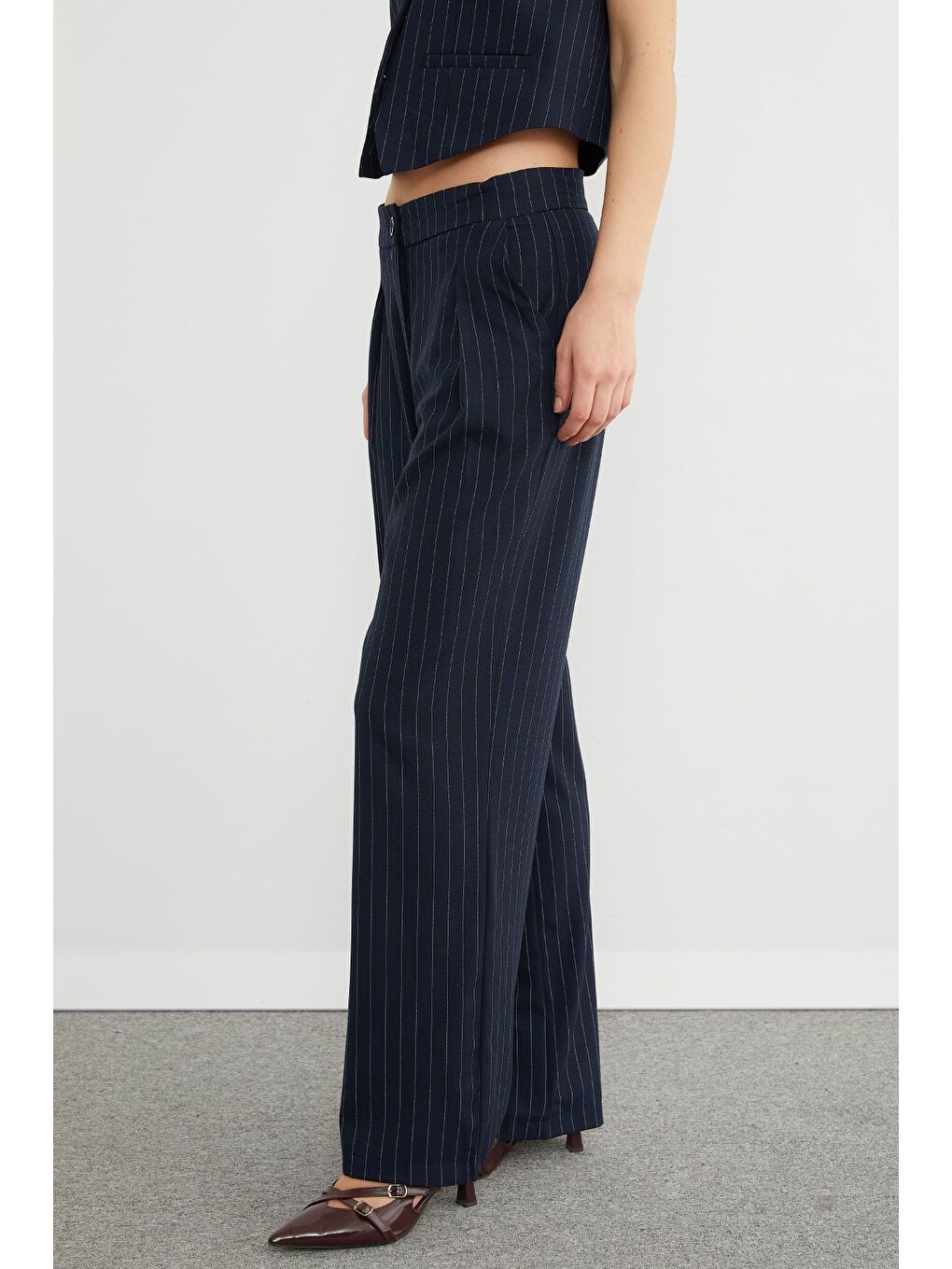 Lacivert Yüksek Bel Çizgili Palazzo Pantolon-4