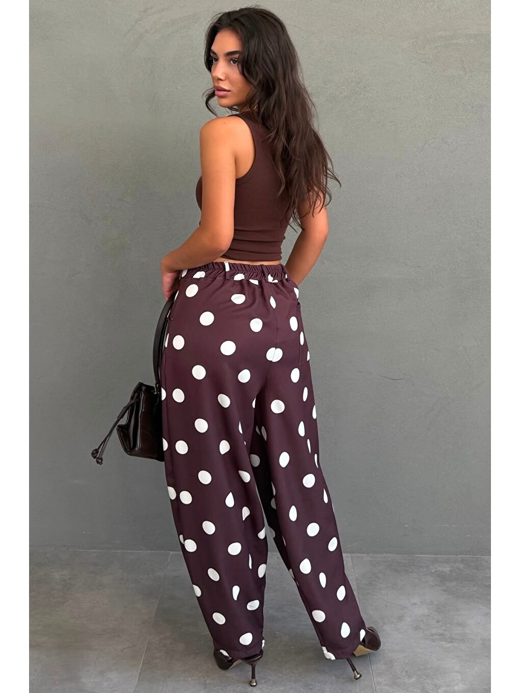 Kahverengi Puantiyeli Beli Lastikli Balon Kadın Pantolon Mg2886-3