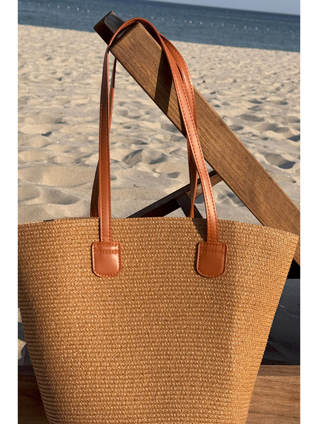Kahverengi Hasır Çanta Plaj Çantası 025 Camel-2