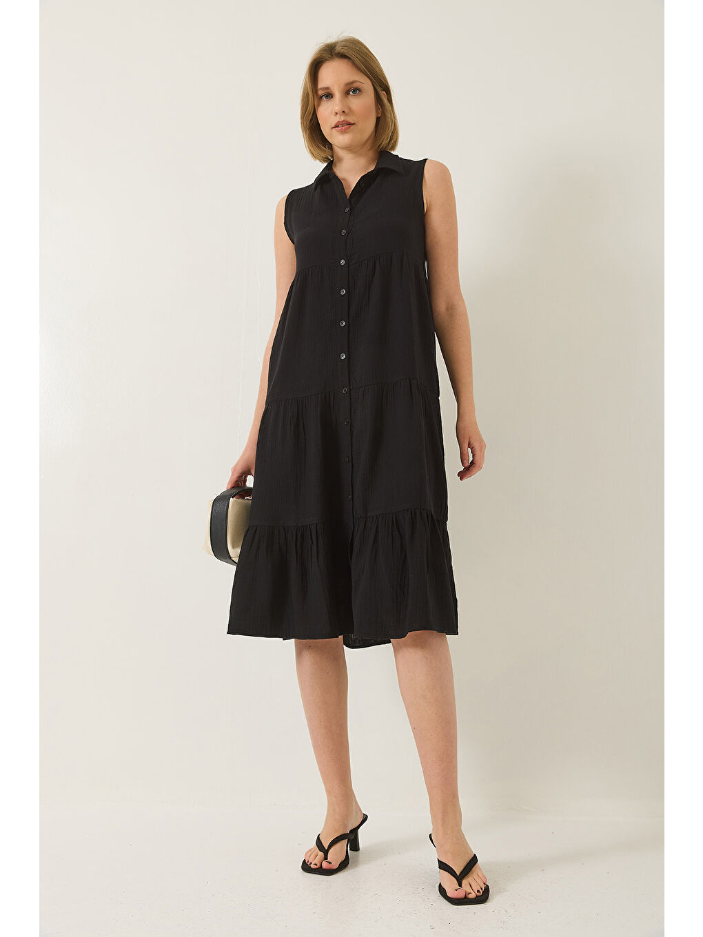 Siyah Kadın Gömlek Yaka Düğmeli Müslin Salaş Müslin Elbise-1