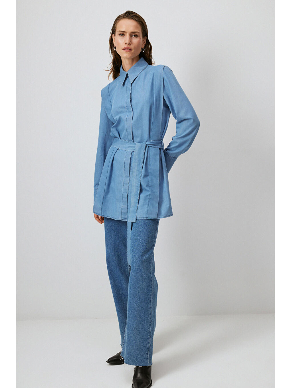Mavi Belden Bağlamalı Denim Gömlek-1