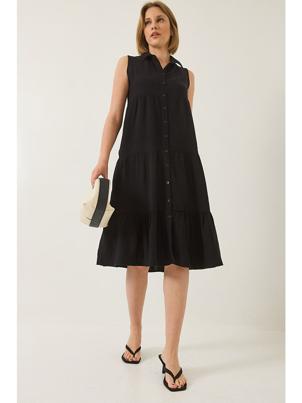 Siyah Kadın Gömlek Yaka Düğmeli Müslin Salaş Müslin Elbise-2