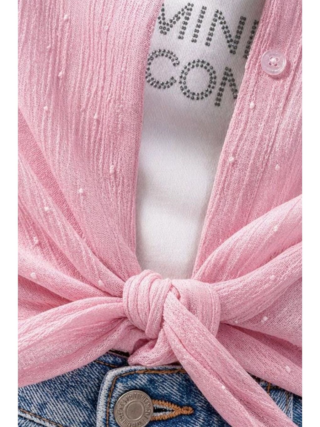 Pembe Kız Çocuk Crop Taşlı Gömlek Body İkili Takım-5