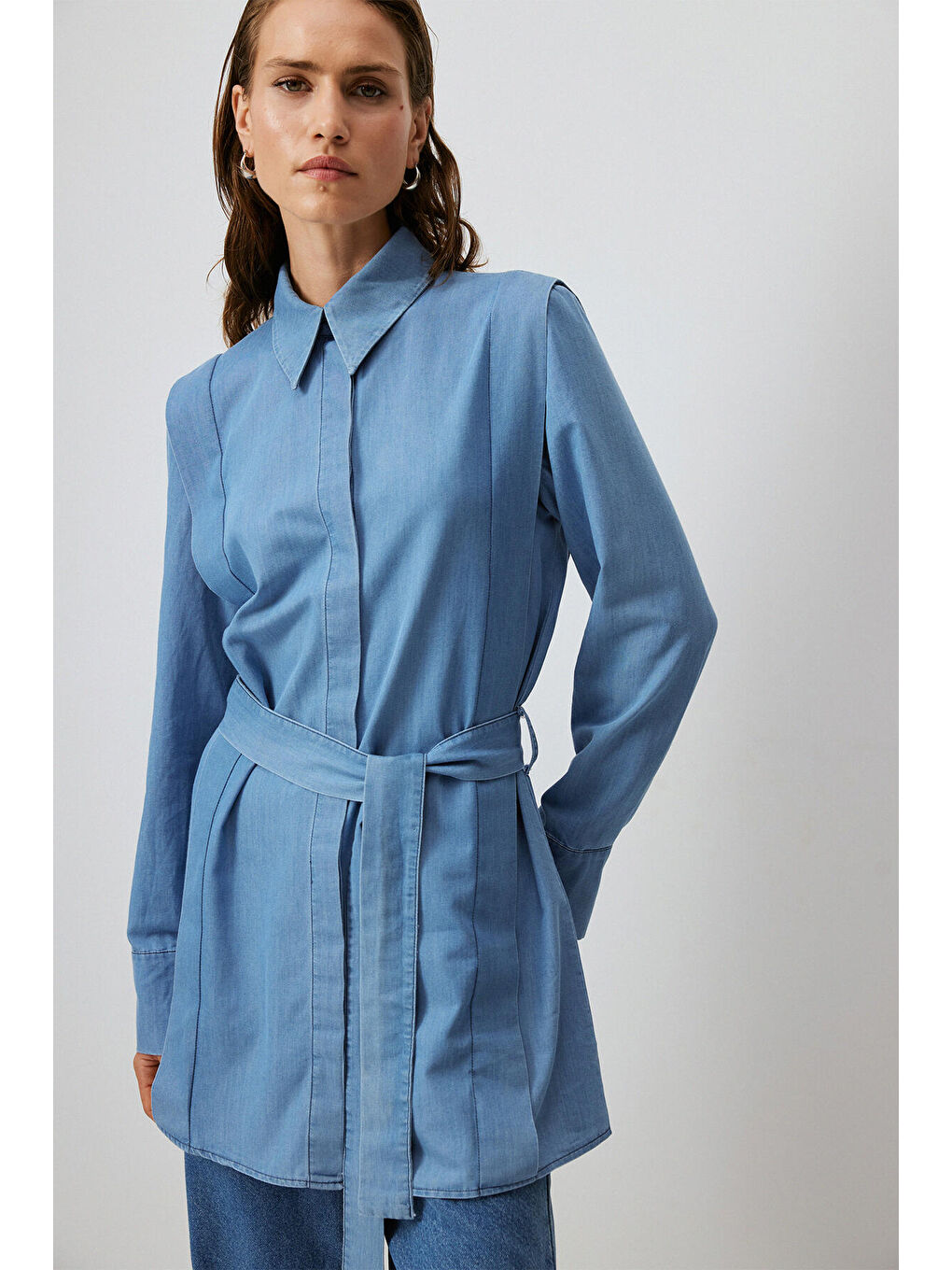 Mavi Belden Bağlamalı Denim Gömlek-2