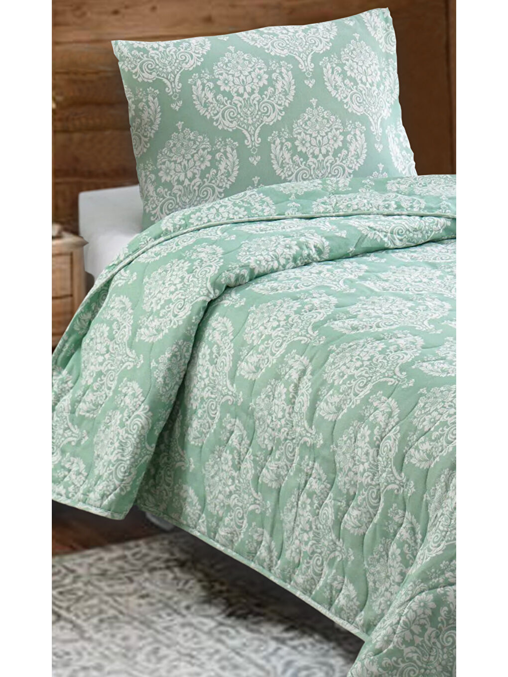 Kapitone Yatak Örtüsü Seti Tek Kişilik Post SuYeşili-3