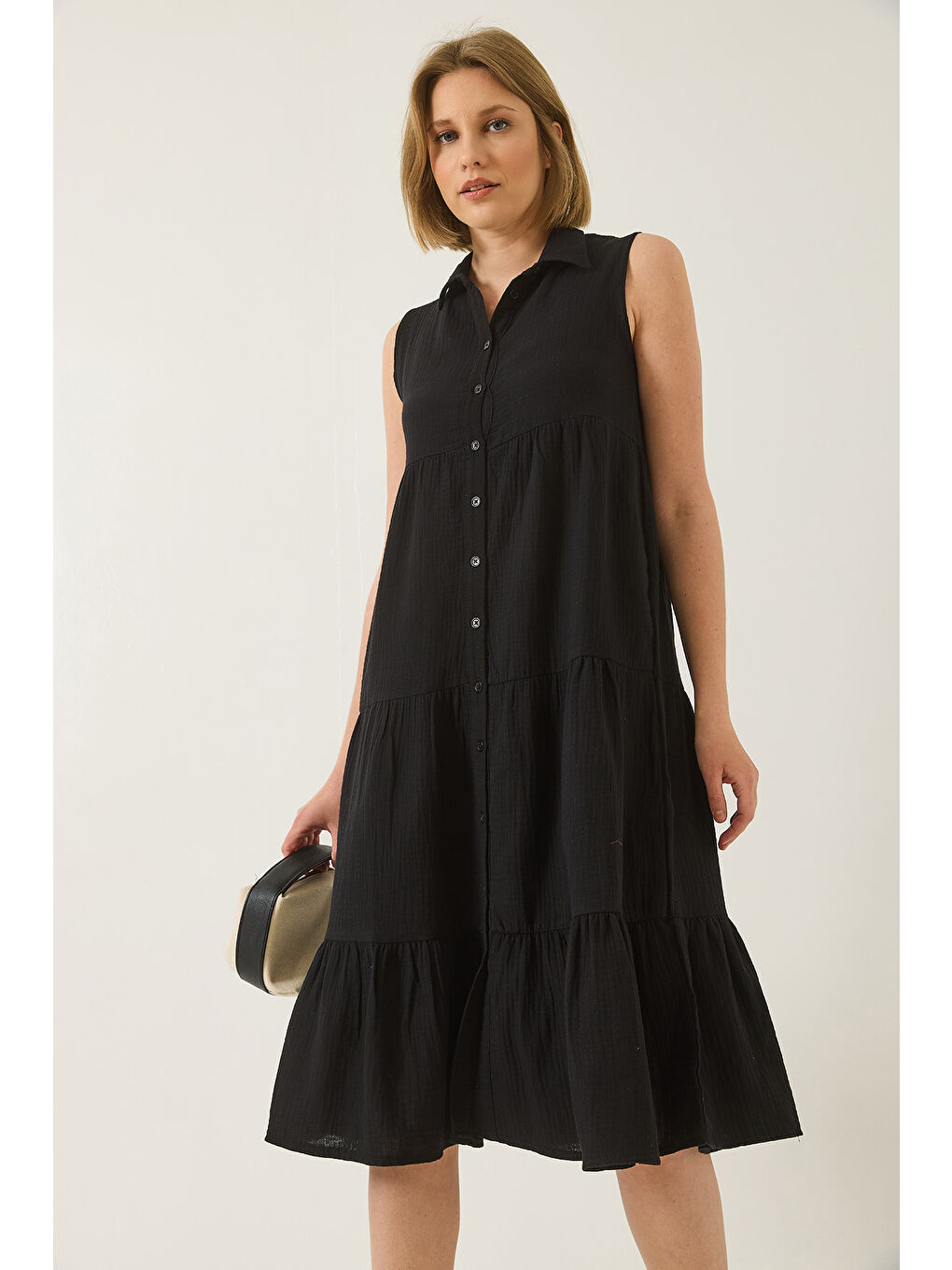 Siyah Kadın Gömlek Yaka Düğmeli Müslin Salaş Müslin Elbise-3