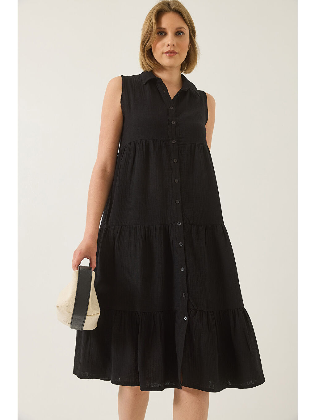 Siyah Kadın Gömlek Yaka Düğmeli Müslin Salaş Müslin Elbise-4