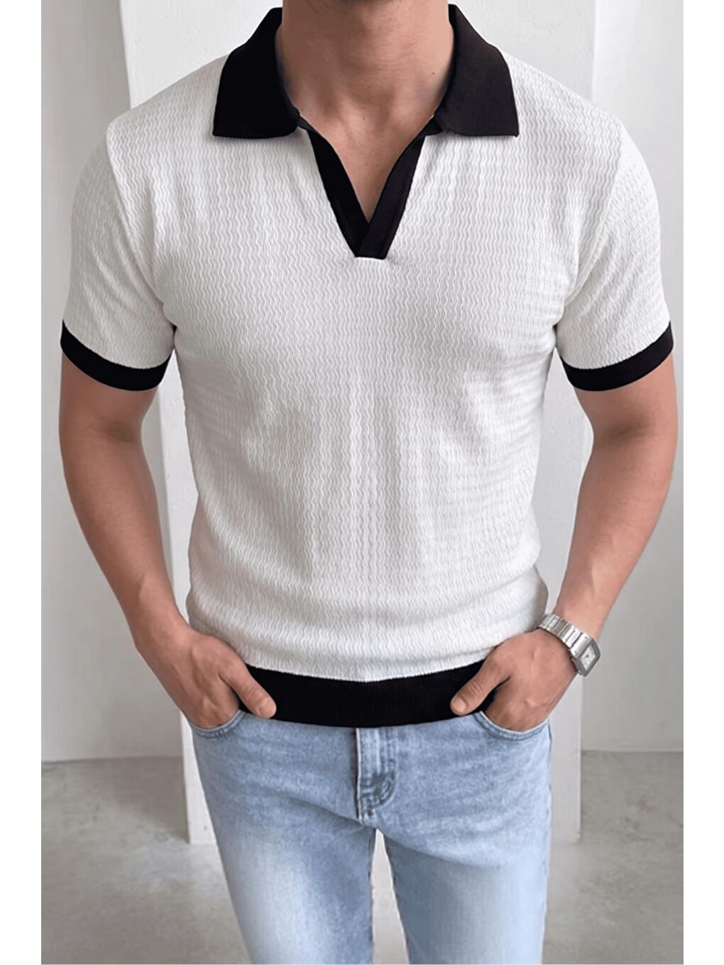 Beyaz Cube Erkek Slim Fit Jakarlı Polo Yaka Triko Tişört - Kontrast Şeritli Örme Buklet-2