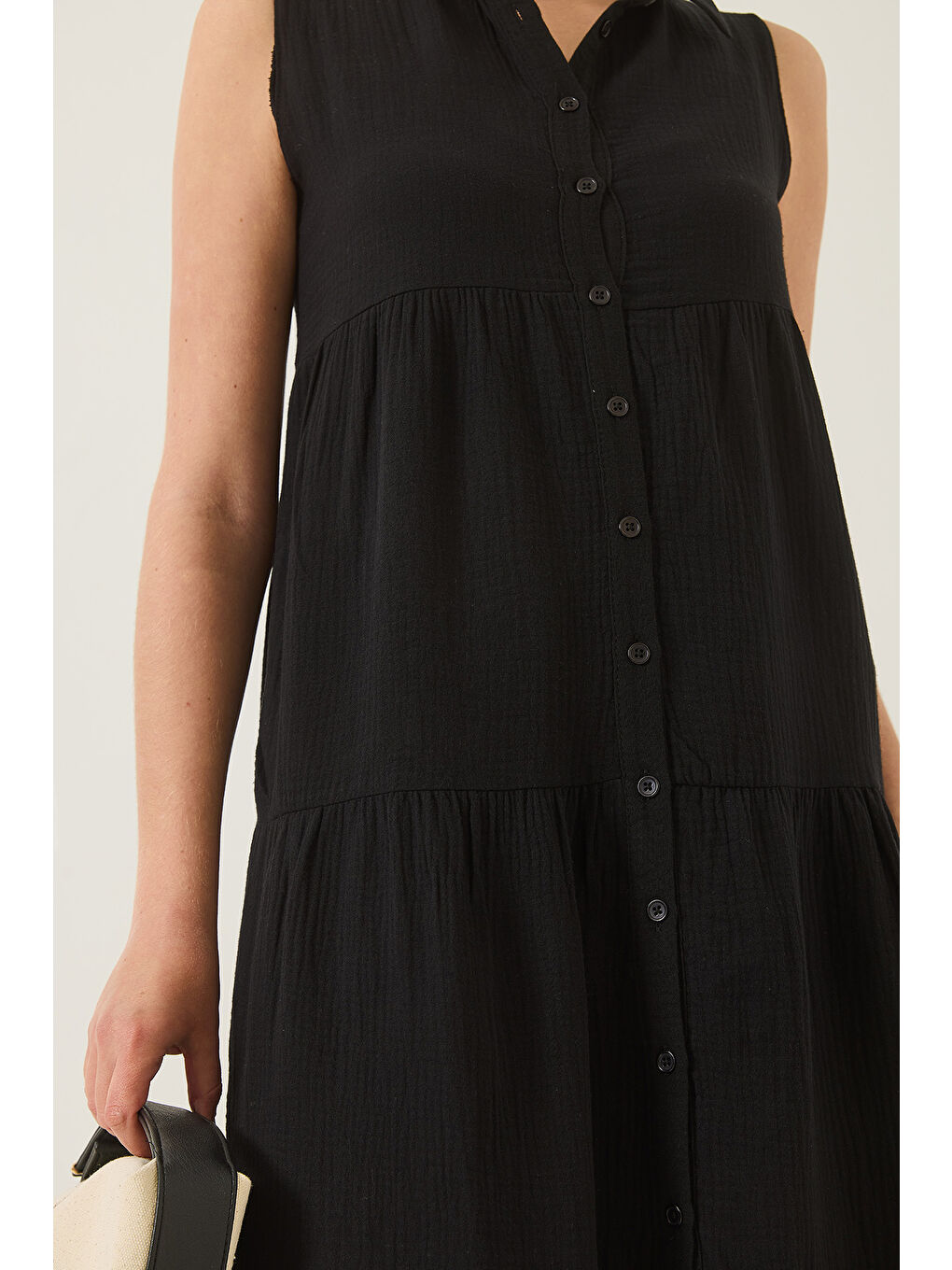 Siyah Kadın Gömlek Yaka Düğmeli Müslin Salaş Müslin Elbise-5