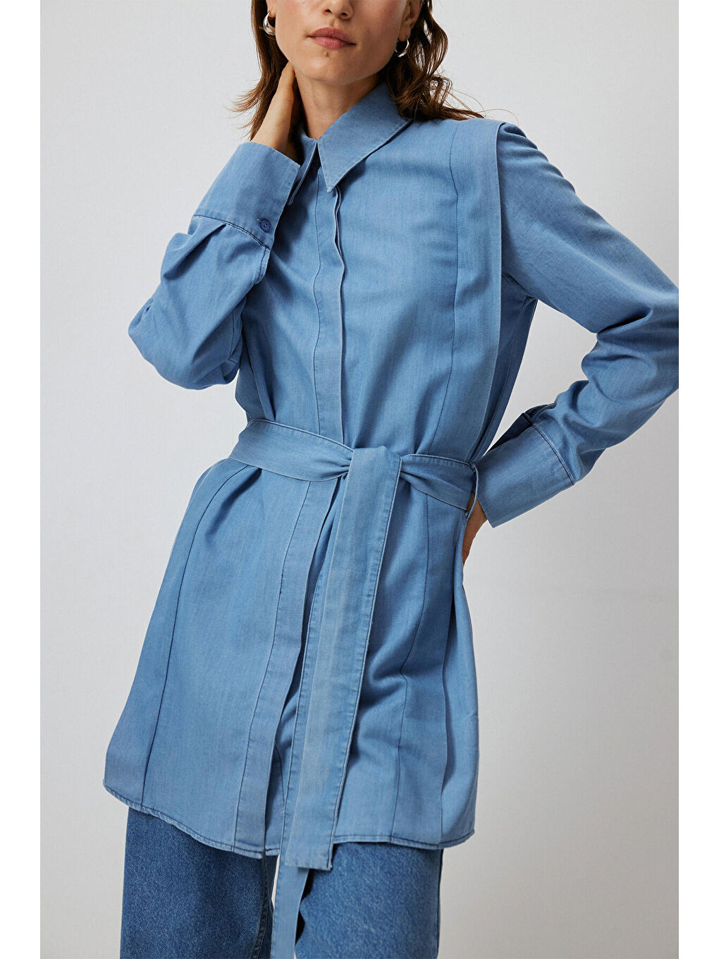 Mavi Belden Bağlamalı Denim Gömlek-4