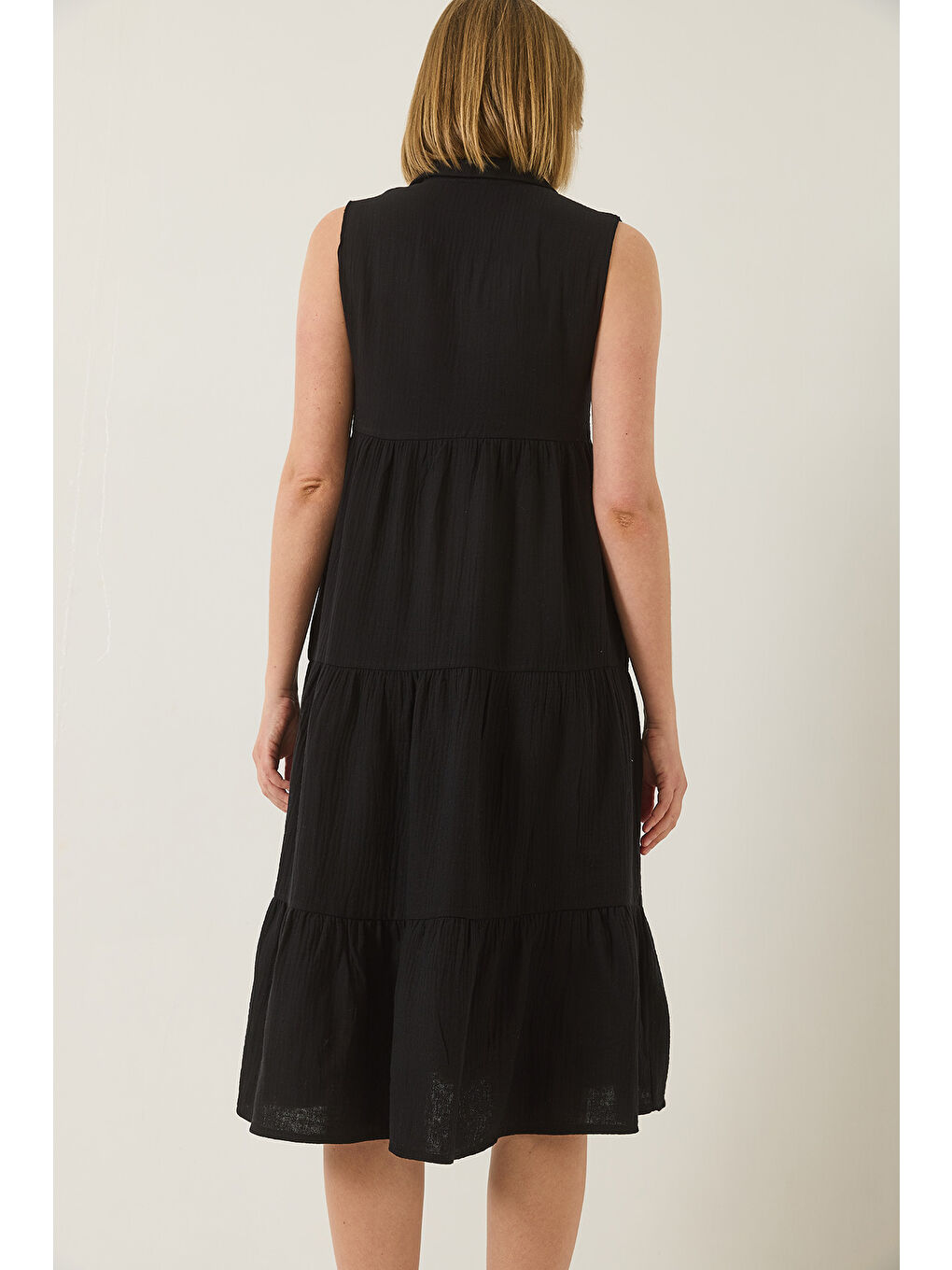 Siyah Kadın Gömlek Yaka Düğmeli Müslin Salaş Müslin Elbise-6