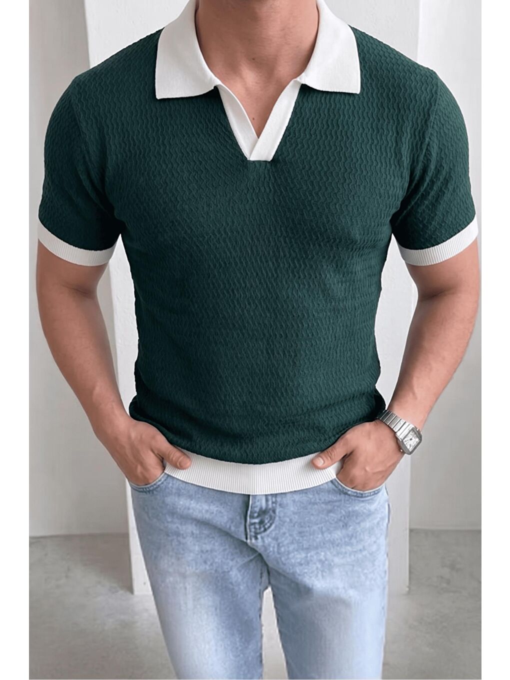 Yeşil Cube Erkek Slim Fit Jakarlı Polo Yaka Triko Tişört - Kontrast Şeritli Örme Buklet-2