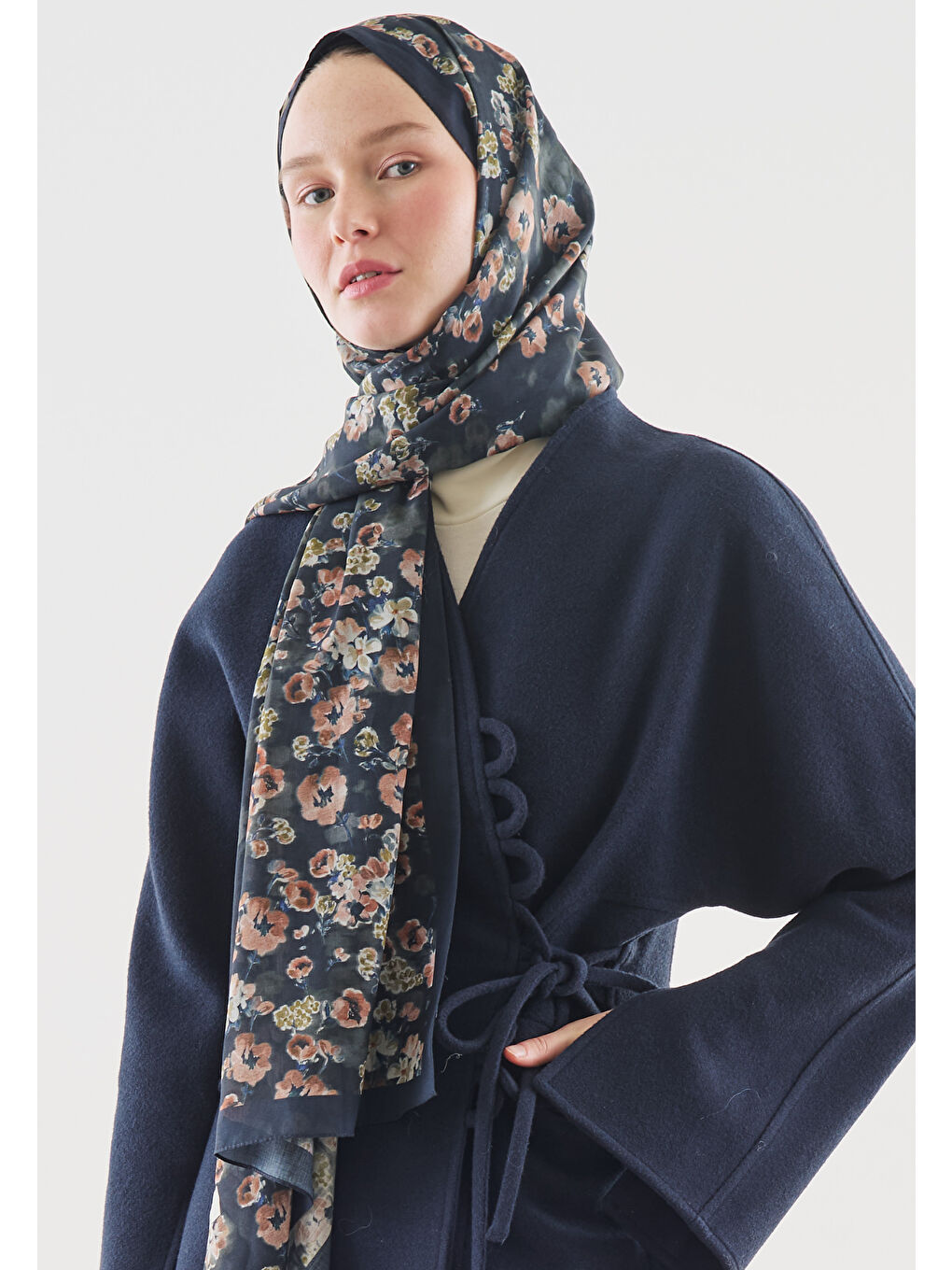 Lacivert SECRET PEARL DESENLİ PAMUK VİSKON ŞAL LACİVERT