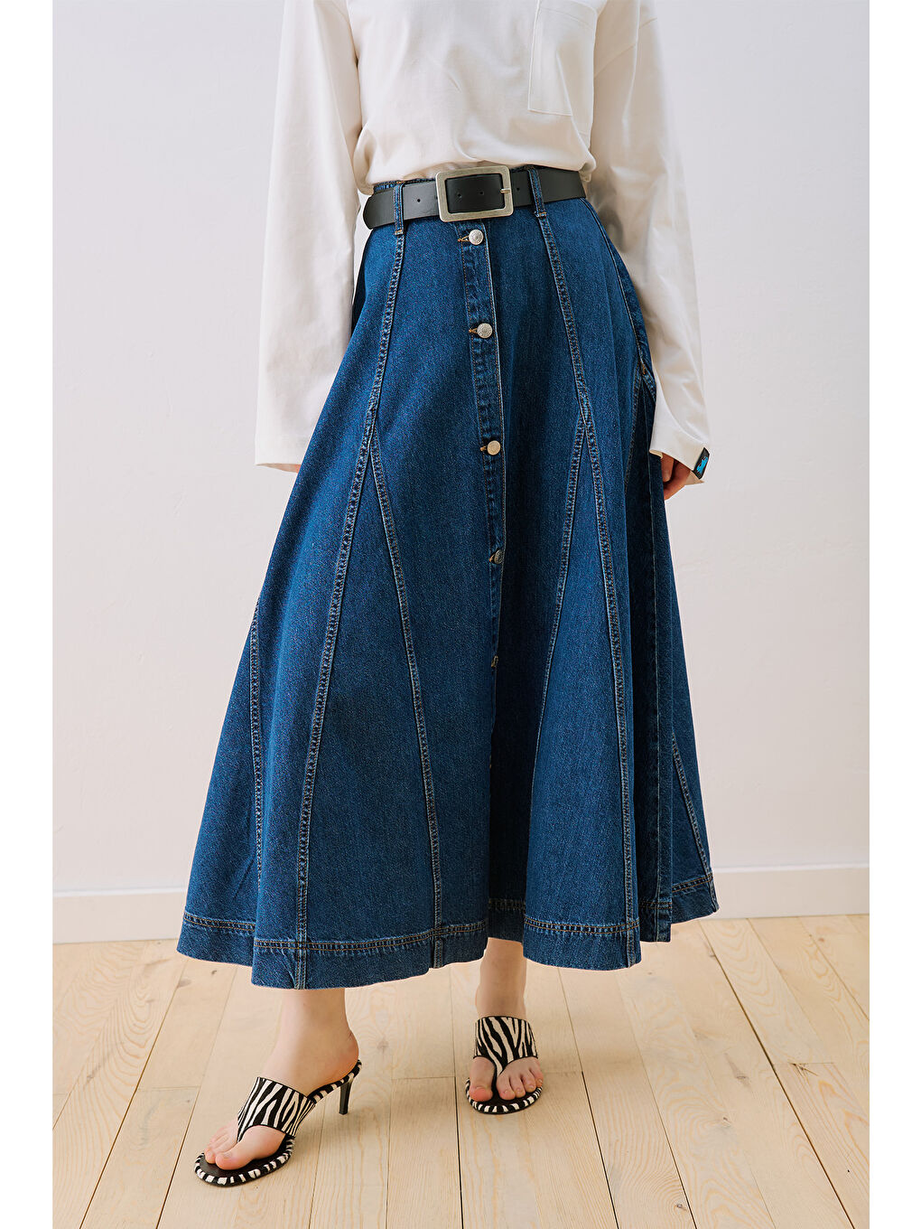 Denim Parçalı Düğmeli Etek Mavi