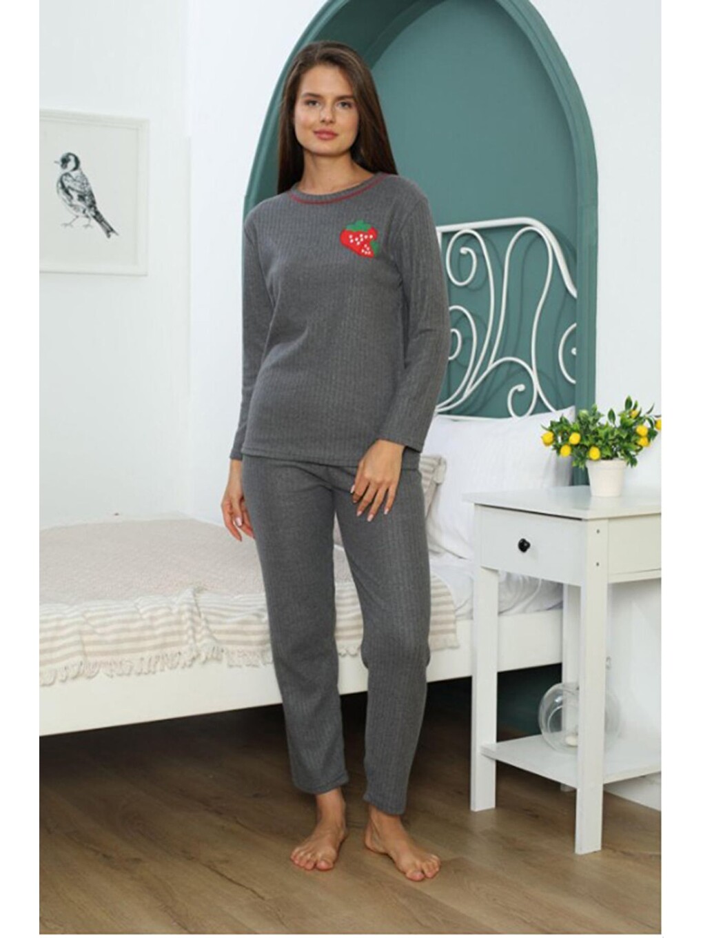Antrasit Çizgili Lazy Day Baskılı Bisiklet Yaka Pijama Takımı-1