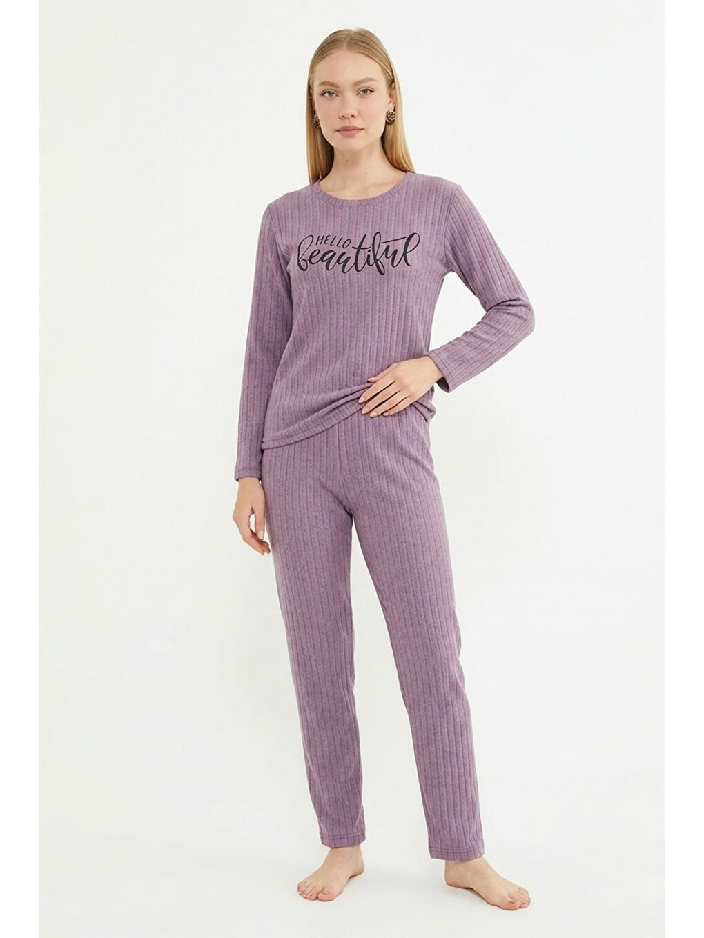 Mor Çizgili Lazy Day Baskılı Bisiklet Yaka Pijama Takımı