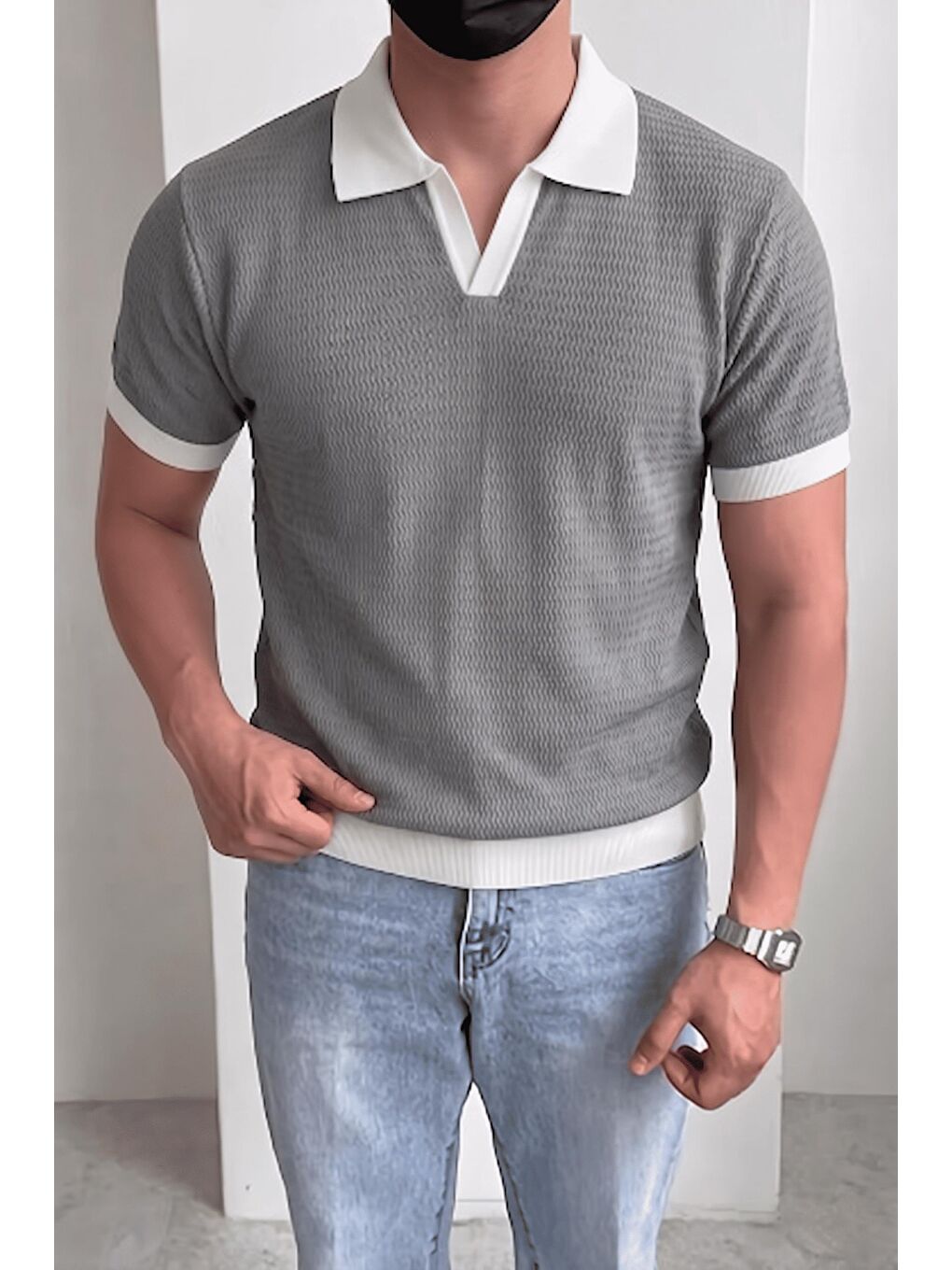 Gri Cube Erkek Slim Fit Jakarlı Polo Yaka Triko Tişört - Kontrast Şeritli Örme Buklet