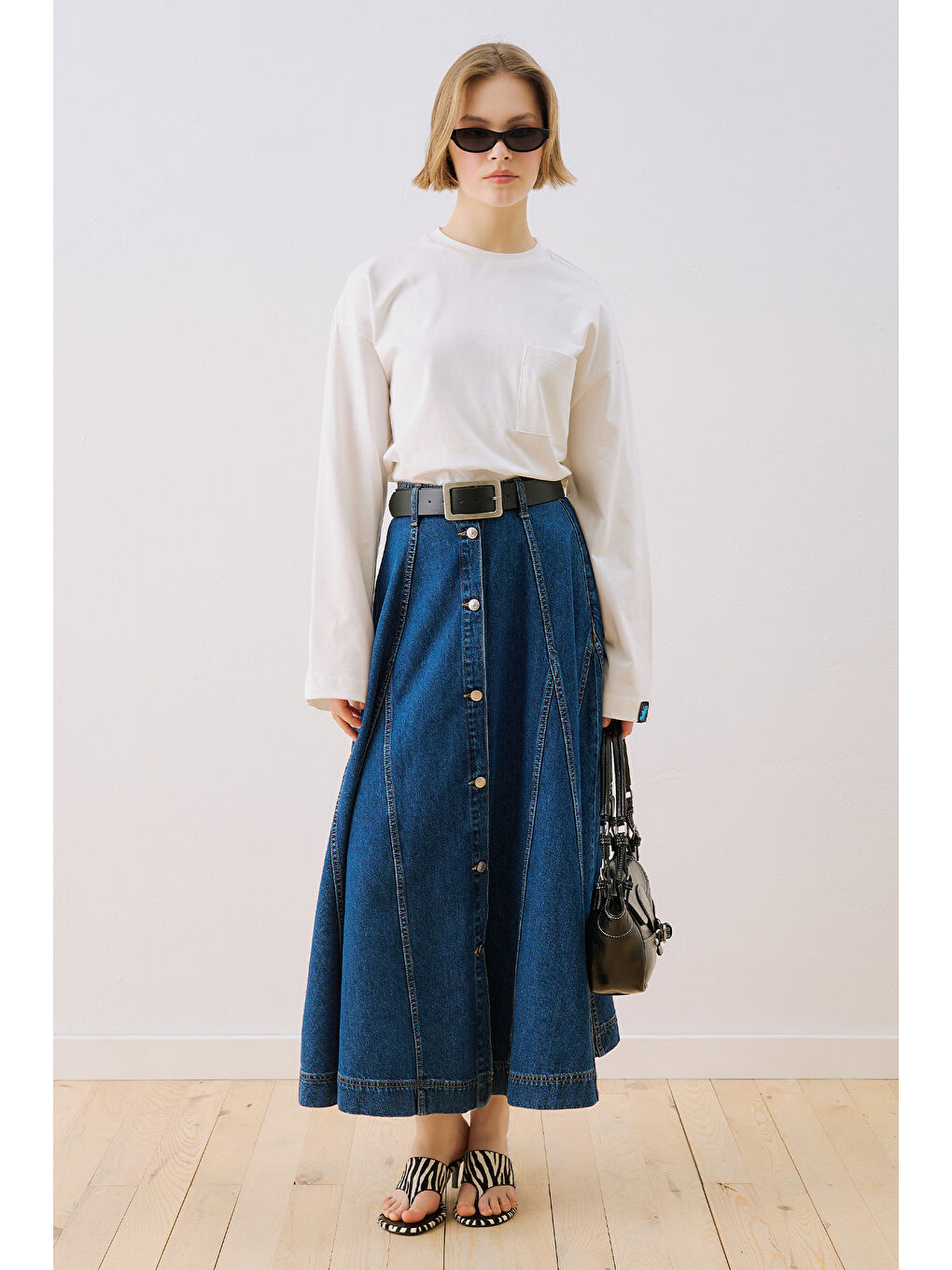 Denim Parçalı Düğmeli Etek Mavi-1
