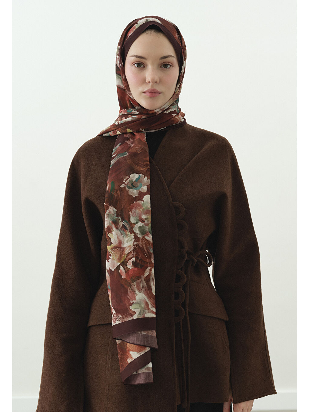 Kahverengi JANE DESENLİ PAMUK VİSKON ŞAL KİREMİT-2