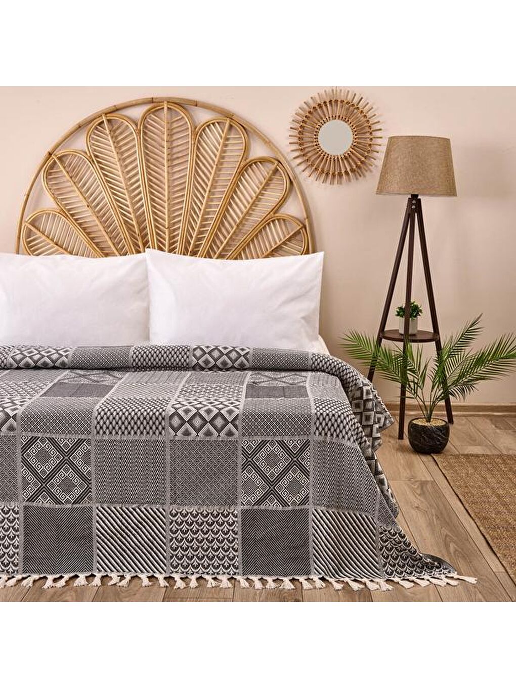 Soft Patchwork Çift Kişilik Yatak Örtüsü - Antrasit - 200x230 cm