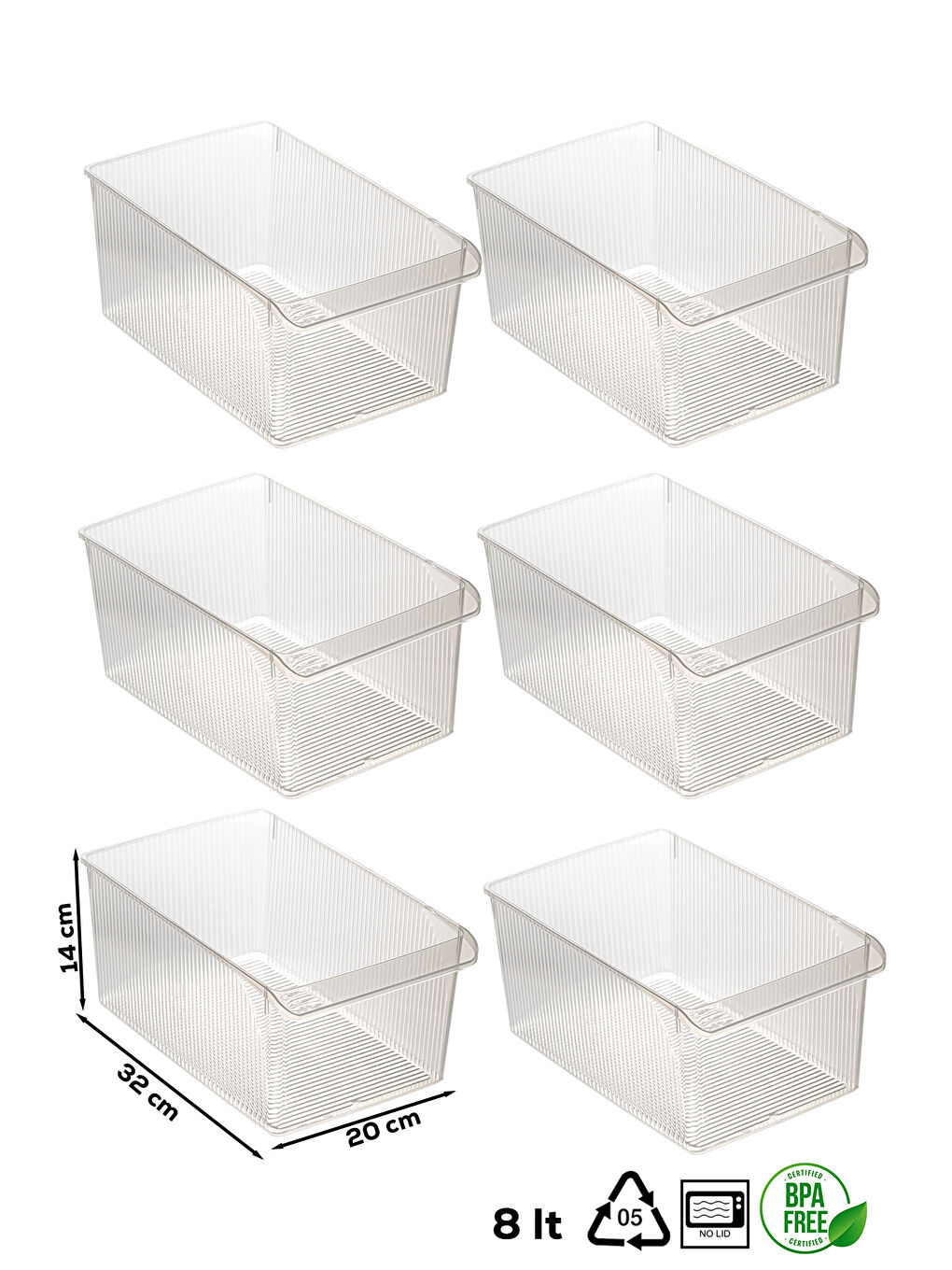 Renksiz 3185 6lı 8 Litre Dolap İçi ve Buzdolabı İçi Düzenleyici Banyo Mutfak Organizeri 20x32x14cm