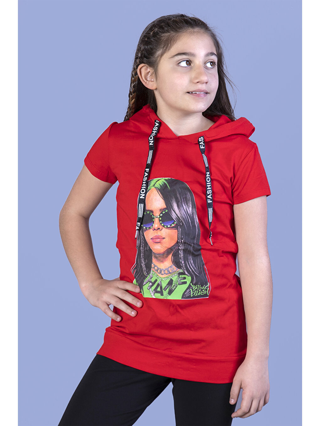 Kırmızı Kız Çocuk Billie Eilish Baskılı Kapüşonlu Tişört